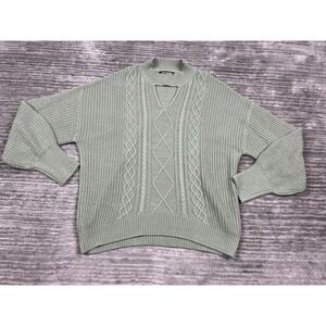Steve Madden Cable Knit Key Hole Green Mock Neck Sweater